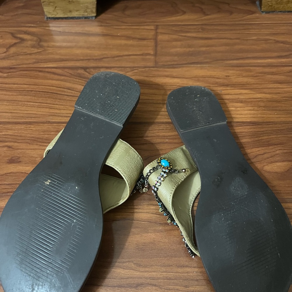 Gold and Blue Ornate Sandals with Decorative Straps - Picture 3 of 3
